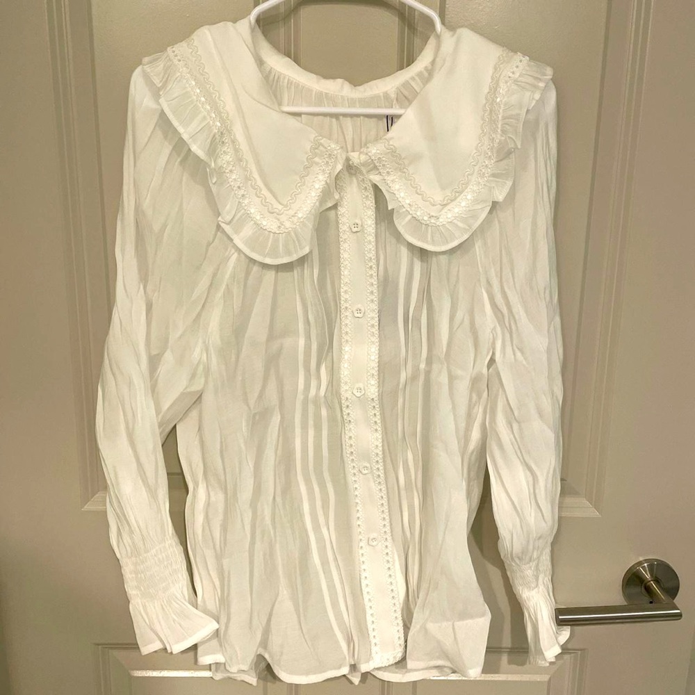 Ledin white Peter pan collar flare sleeve chiffon shirts